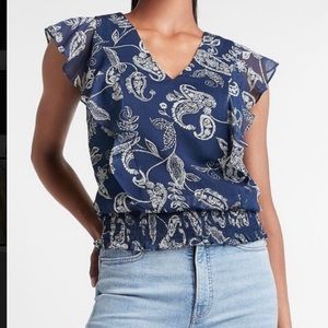 Express Blue and White Paisley Banded Bottom Ruffle Sleeve Top, Size XS, NWT